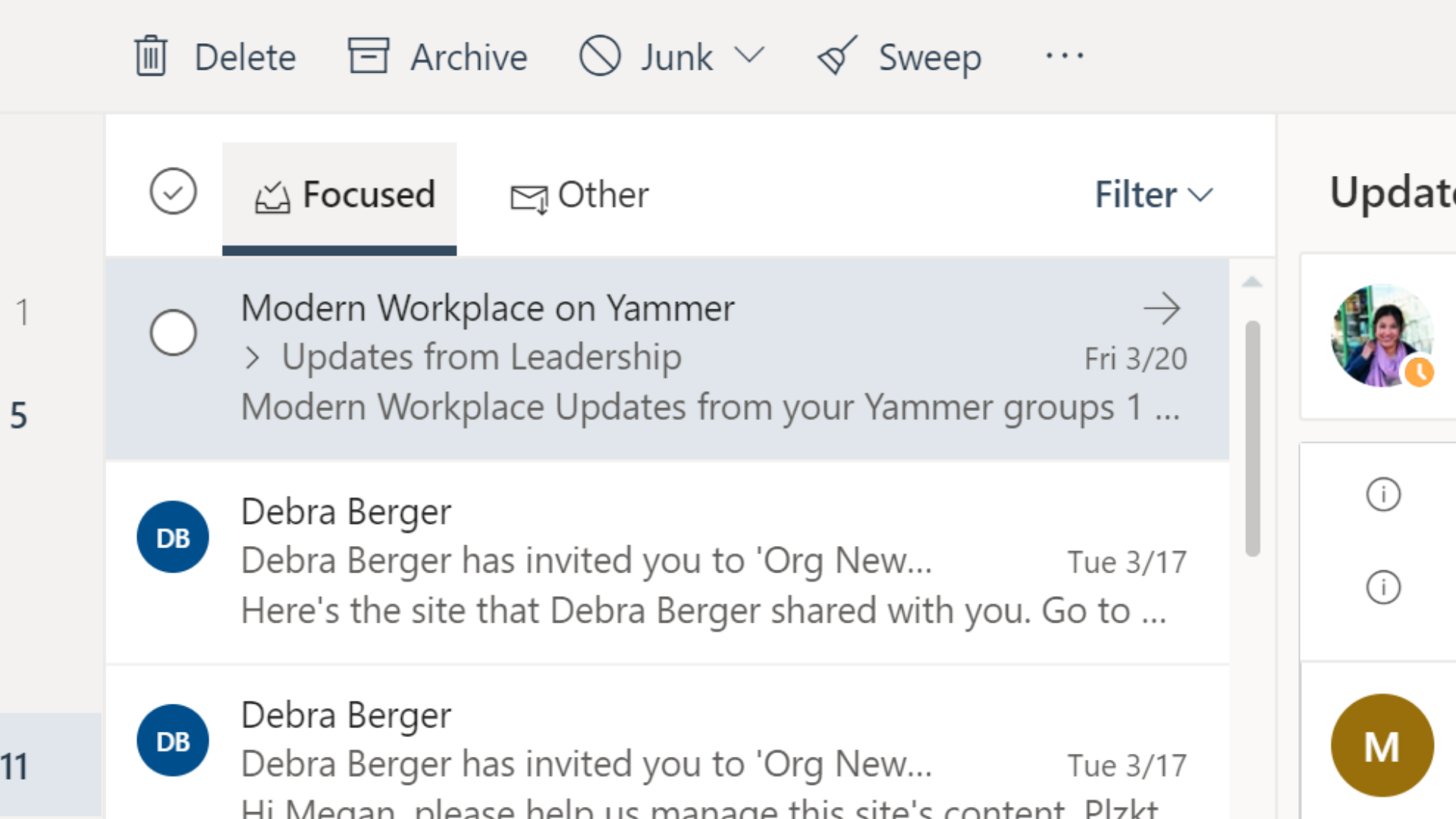 Focused inbox in Outlook on the Web