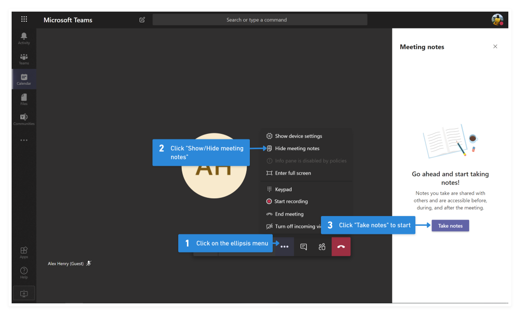 Screenshot of steps to open Meeting Notes in a Microsoft Teams Meeting