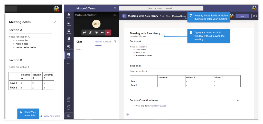 Screenshot of the Meeting Notes tab in Microsoft Teams