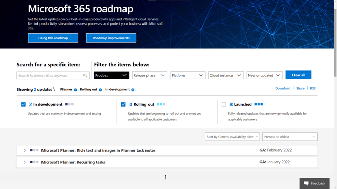 screenshot of Planner roadmap showing only two items in development