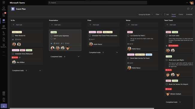 screenshot of a Planner board in a Teams Channel