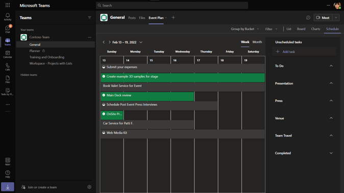 screenshot of "Schedule" view in Planner from within a Team channel