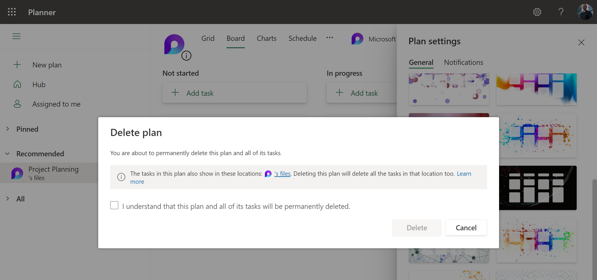 You can delete a Planner board from Board settings