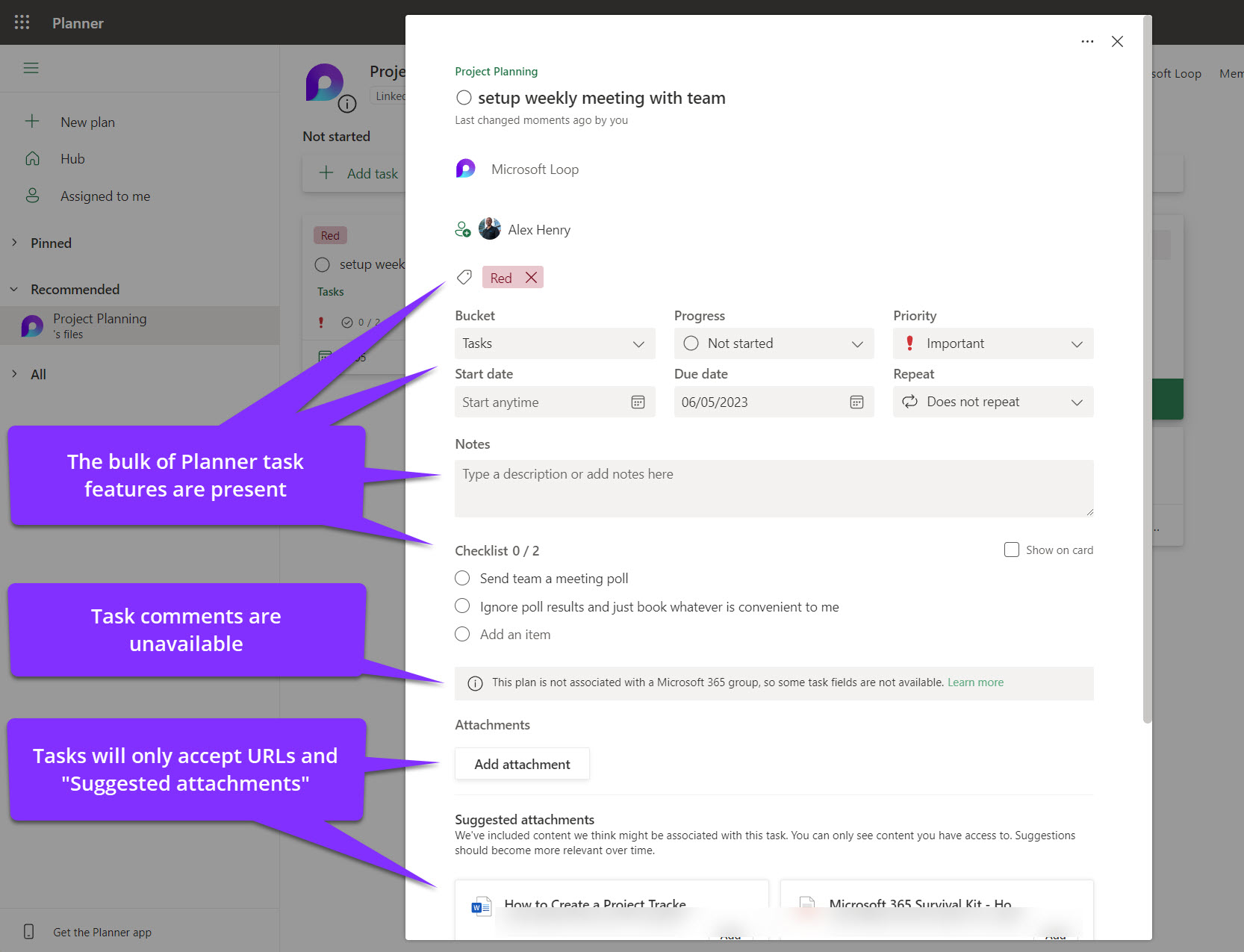 In Planner tasks connected to Loop, most features are present, except task comments and the ability to upload files