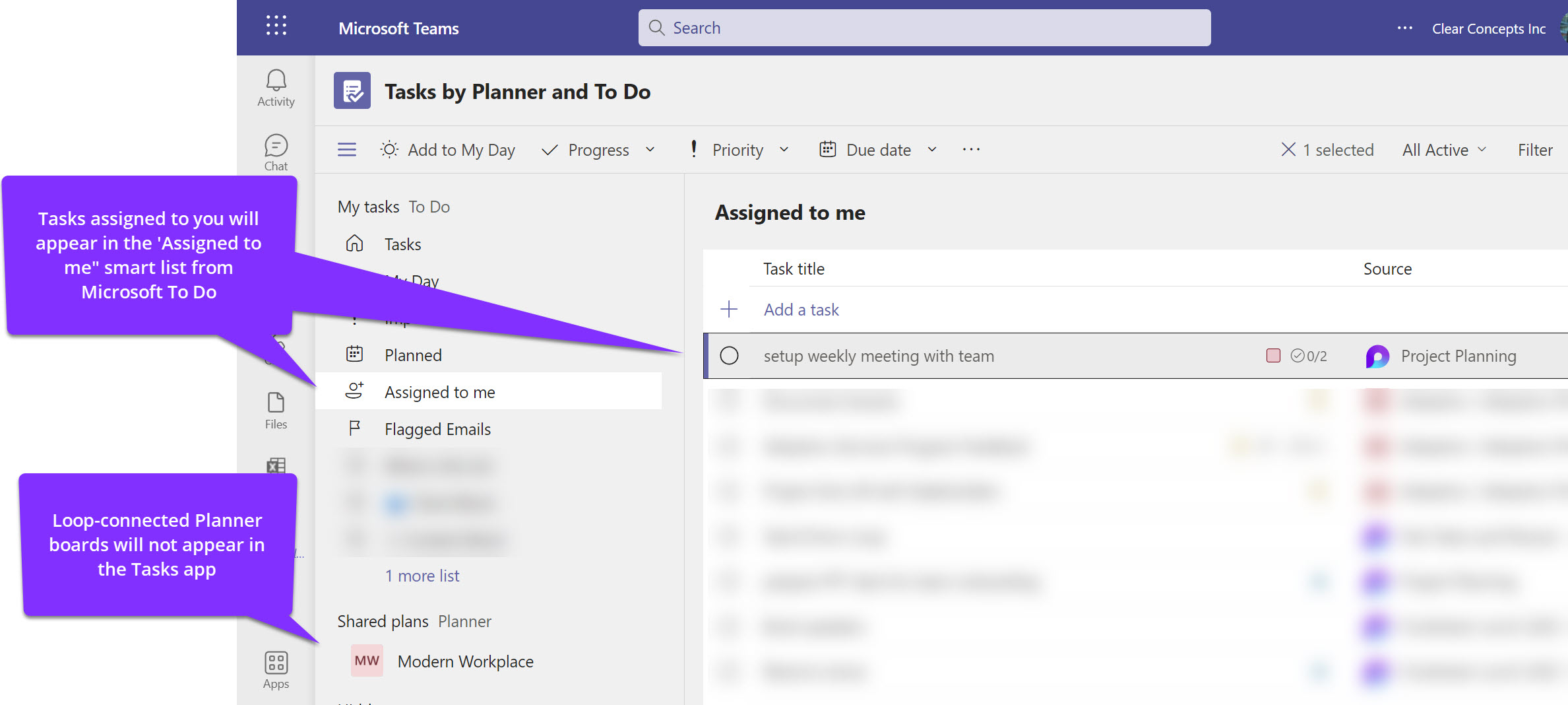 In the 'Tasks by Planner and To Do" app, you can see tasks assigned to you from the "assigned to you" smart list, but you cannot see Loop-connected Planner boards