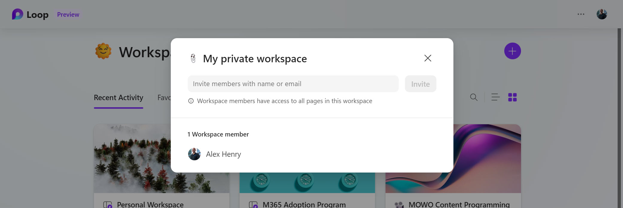 screenshot of a window in the Microsoft Loop app, showing a list of members and a field to invite members