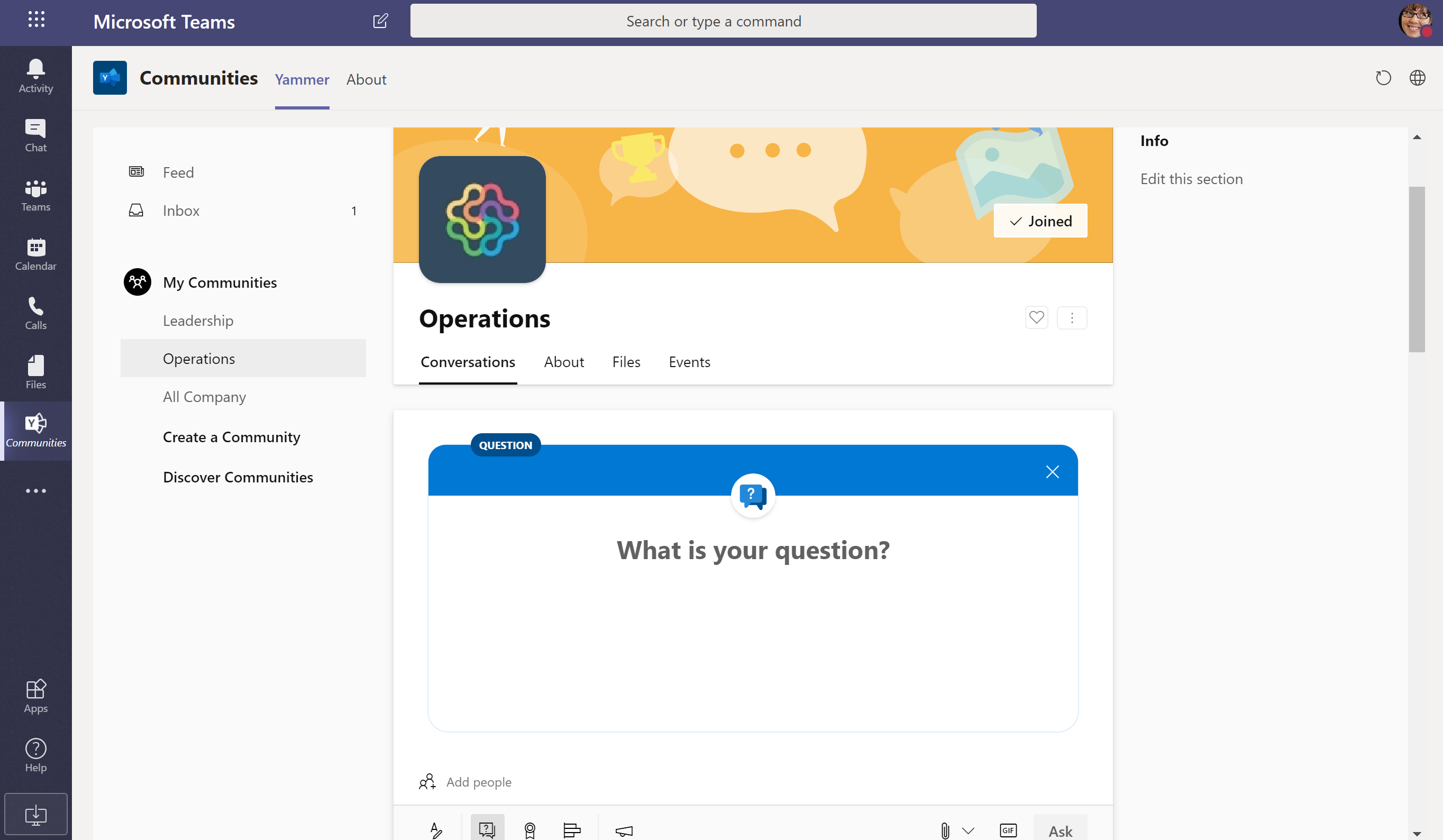 Screenshot of the "Communities" Yammer app in Microsoft Teams.