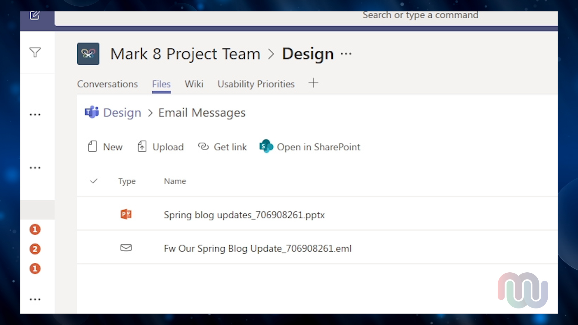 Screenshot of Files tab in Team Channel where email attachments are saved