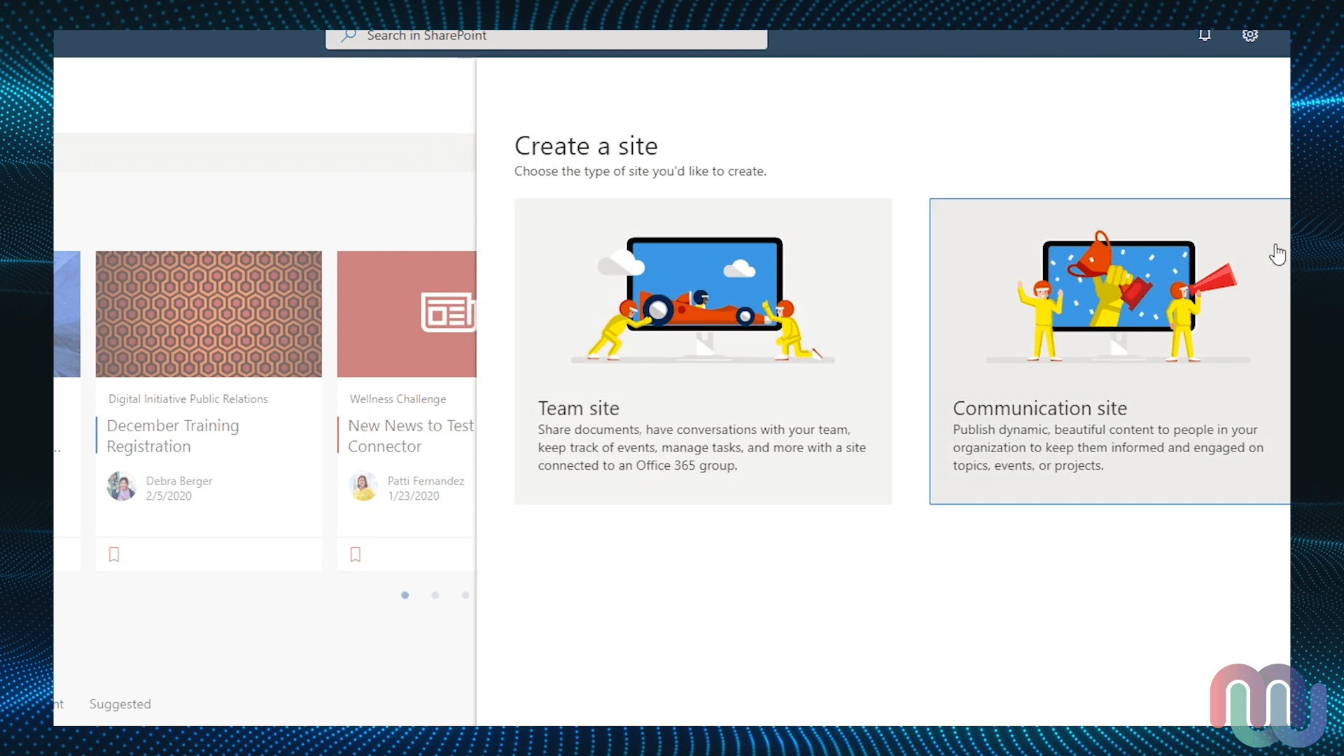 SharePoint Home - Create Site Menu