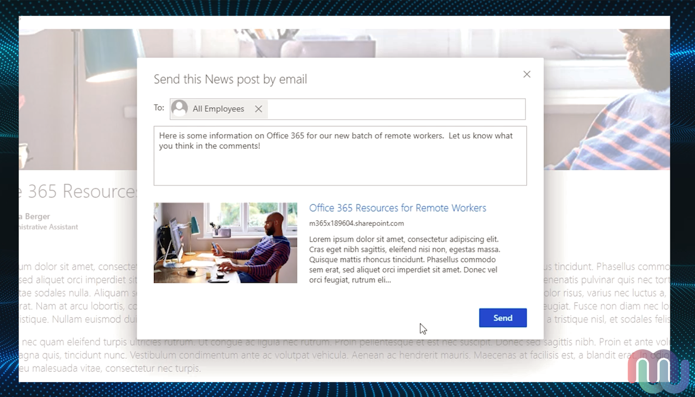 SharePoint news page "Send this News post by emaiL" page with information filled out and thumbnail displayed