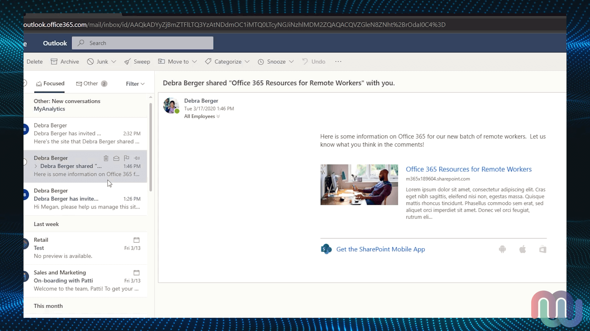 The email from SharePoint shown in Outlook on the Web