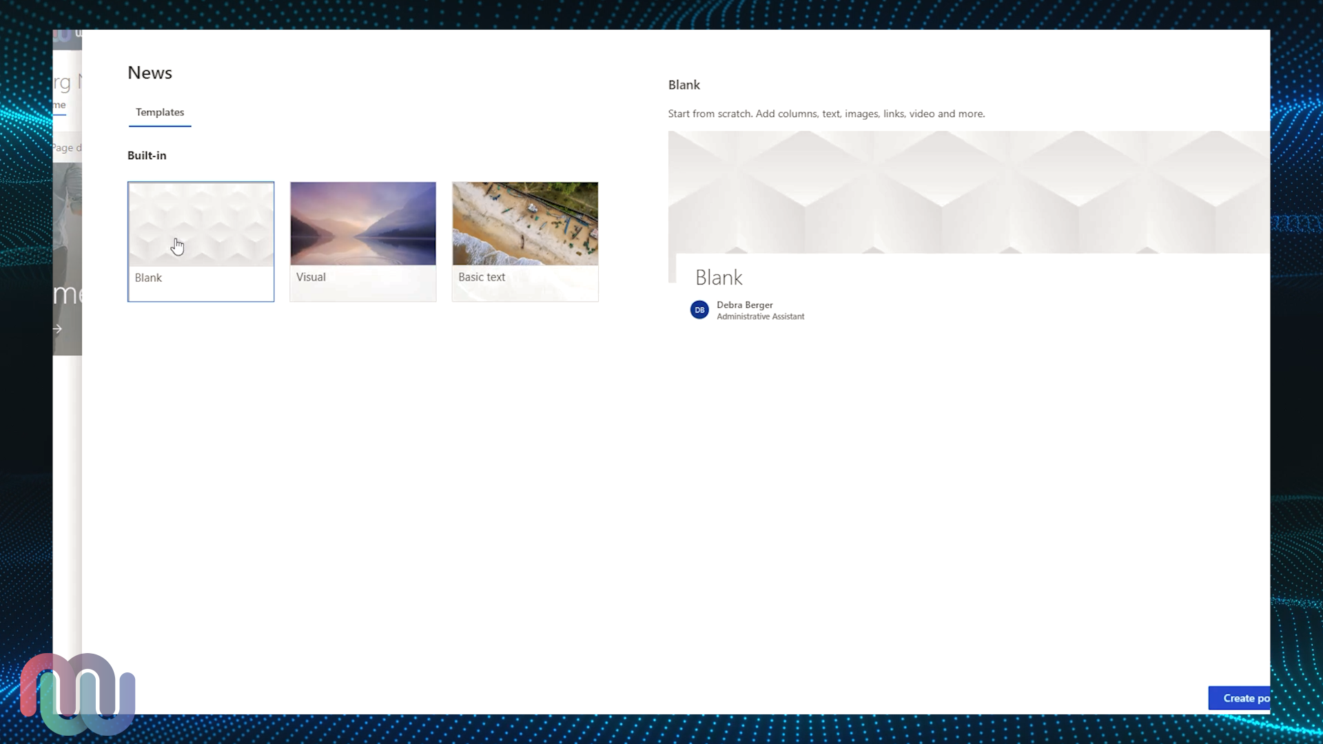 SharePoint News template selection page
