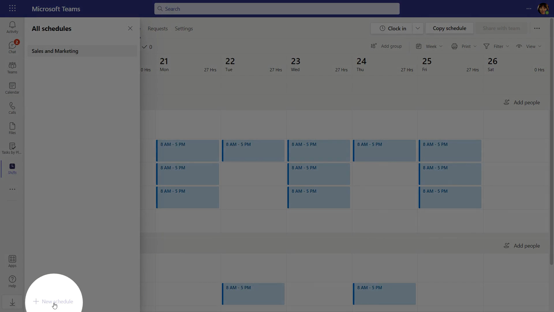 Screenshot showing how to create a new schedule in the Shifts app