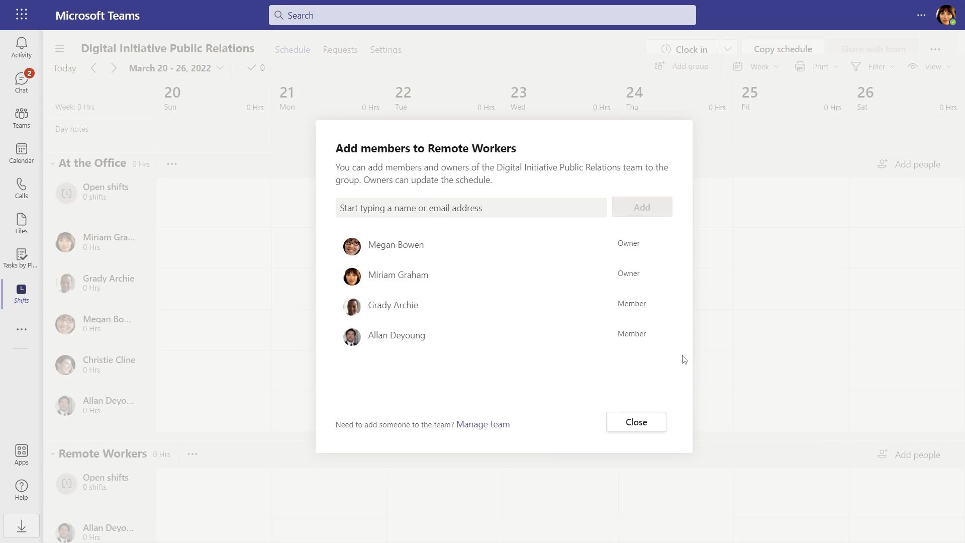 Screenshot of the "Add Members to Remote Workers" (shift group) in the Shifts app in Microsoft Teams