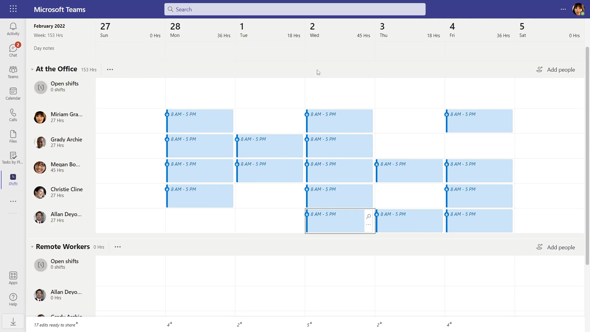 Screenshot showing unpublished shifts assigned to staff in the Shifts app in Microsoft Teams