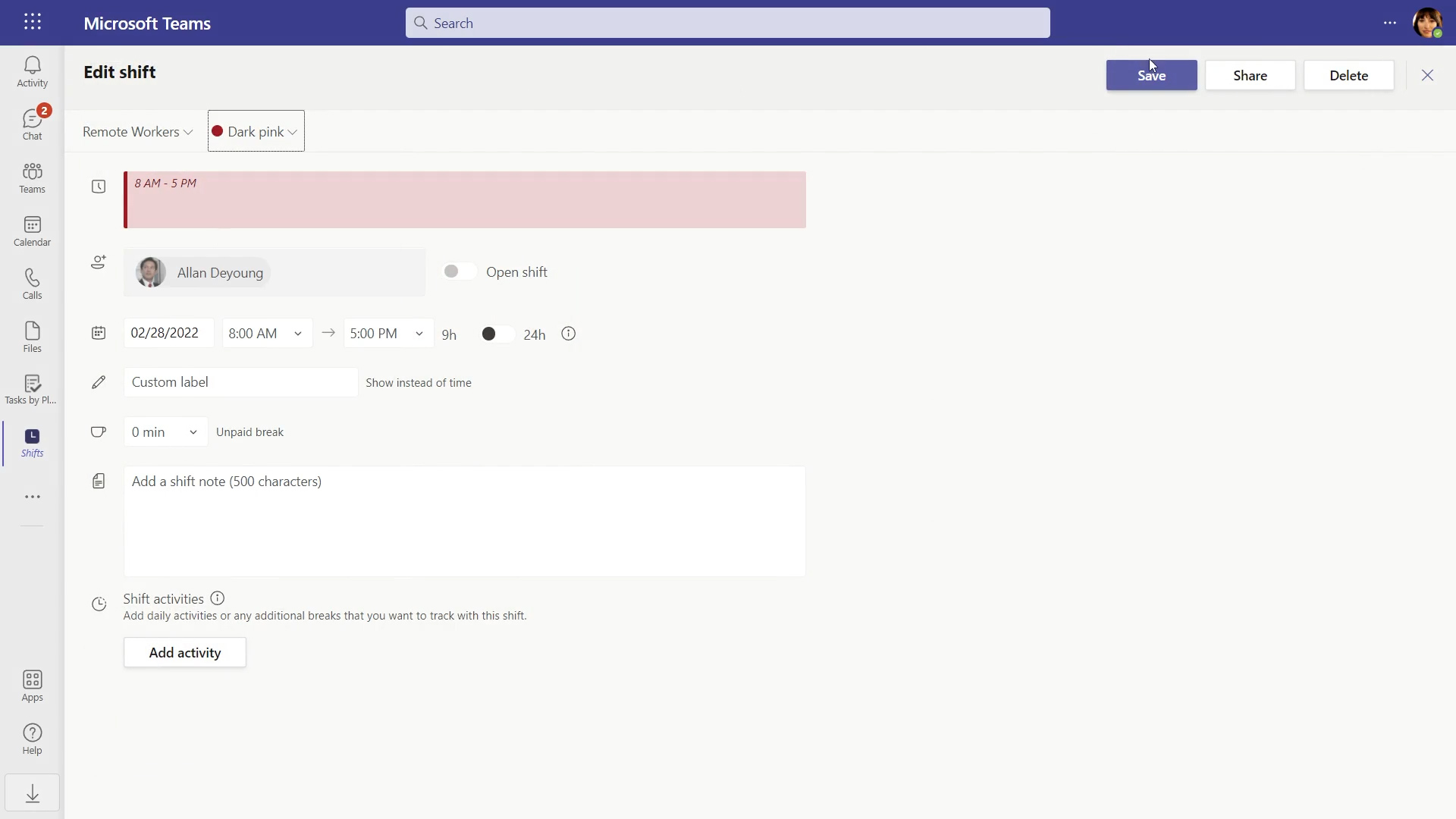 screenshot showing the "Edit Shift" window in the Shifts app in Microsoft Teams