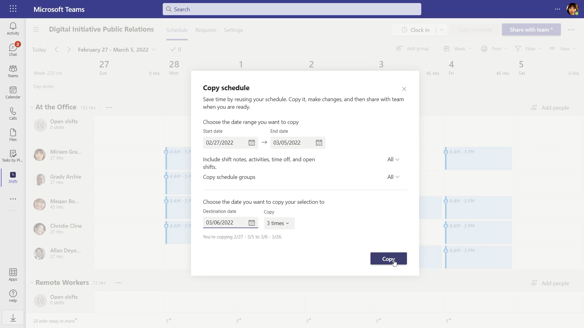 Screenshot showing how to copy a schedule in the Shifts app in Microsoft Teams