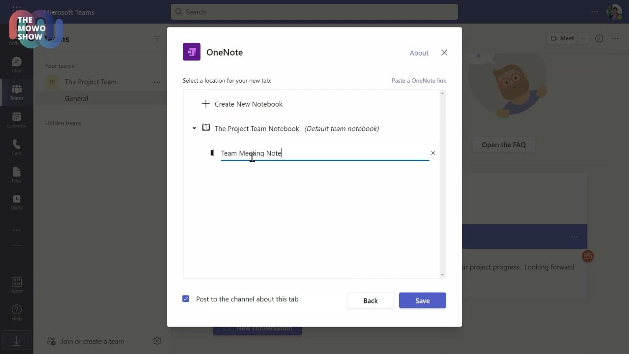 Screenshot of a OneNote notebook being added to a team channel