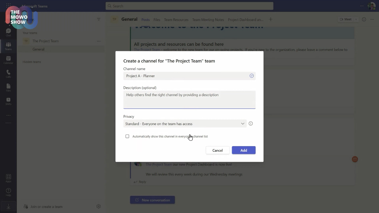 screenshot of a standard channel titled 'Project A - Planner' being created in Microsoft Teams
