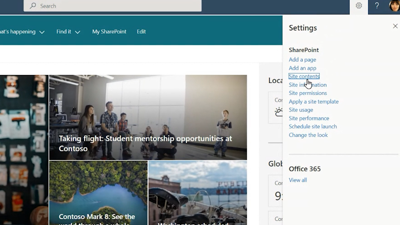 screenshot showing us how to access Site Contents from SharePoint Site Settings