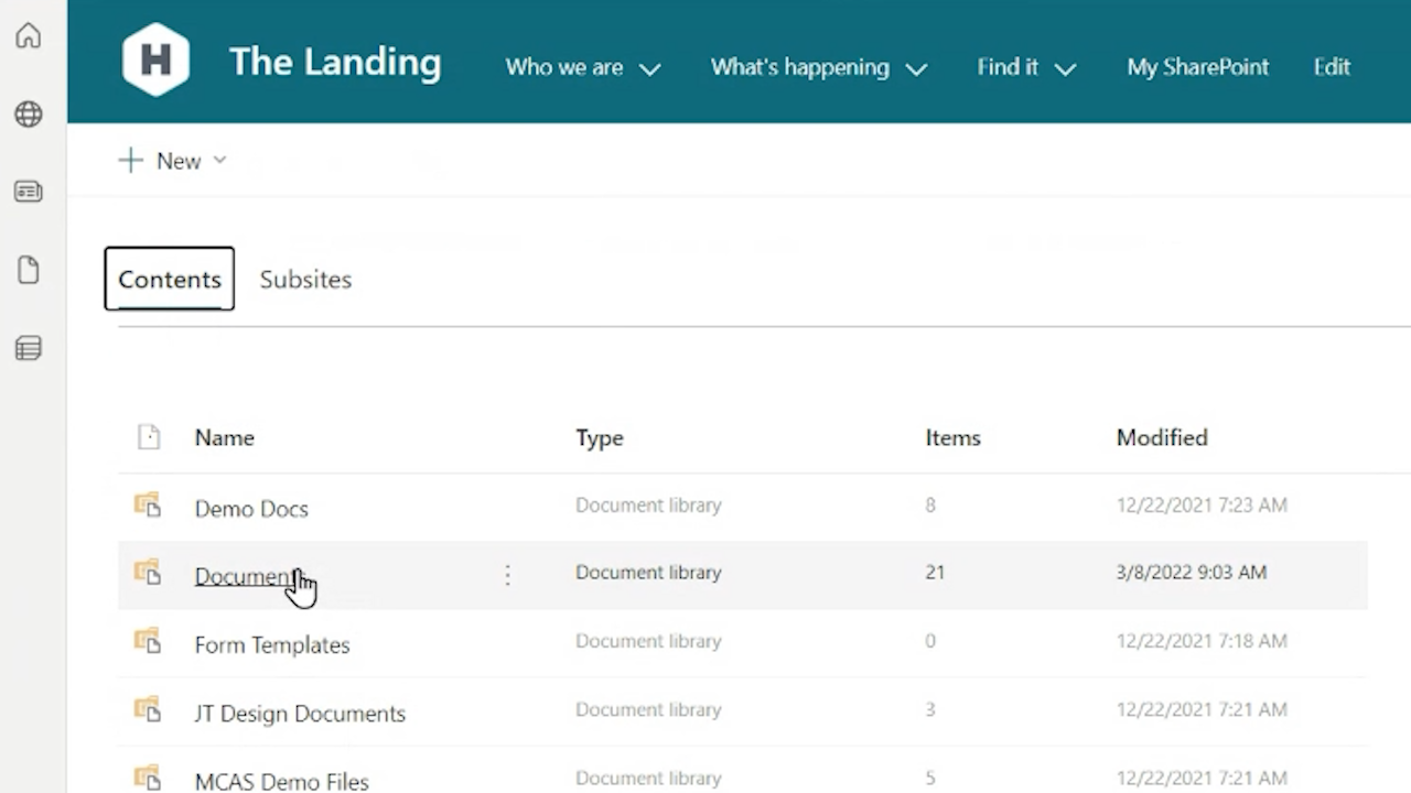 Screenshot of the main document library in SharePoint site contents