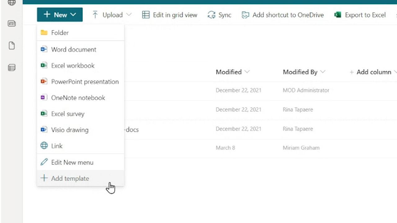 screenshot showing the "Add Template" option in the NEW menu in a SharePoint Document Library