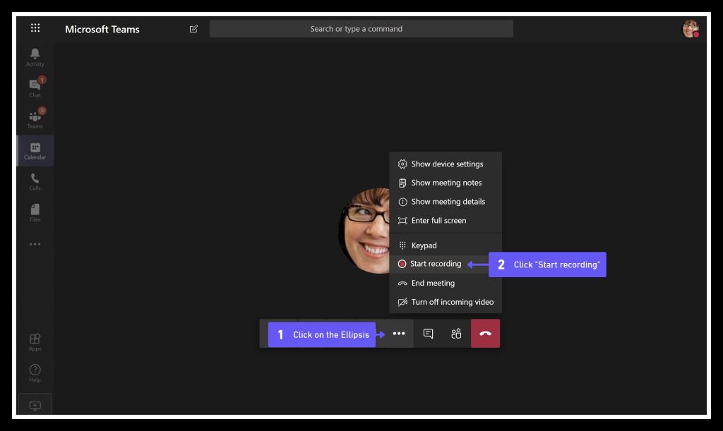 Screenshot of the steps to record a Microsoft Teams meeting