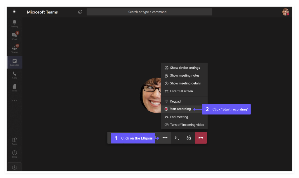 Screenshot of how to start recording a Teams Meeting