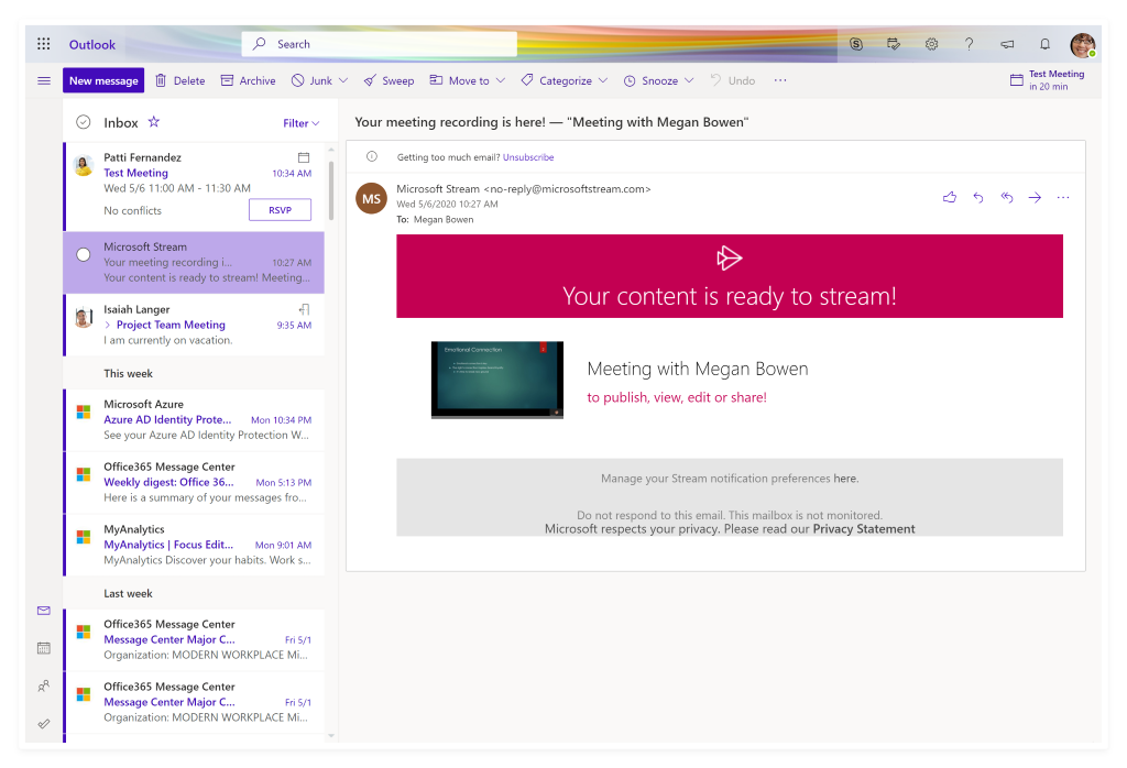 Screenshot of an email from Microsoft Stream