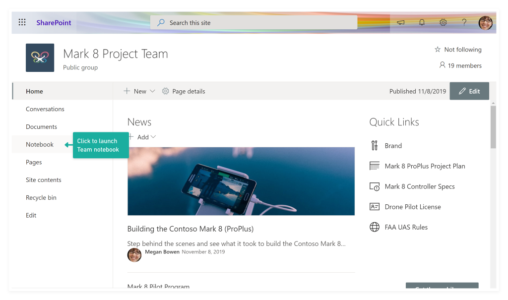 Screenshot of a SharePoint Team site with an arrow pointing to the "Notebook" link on the main navigation
