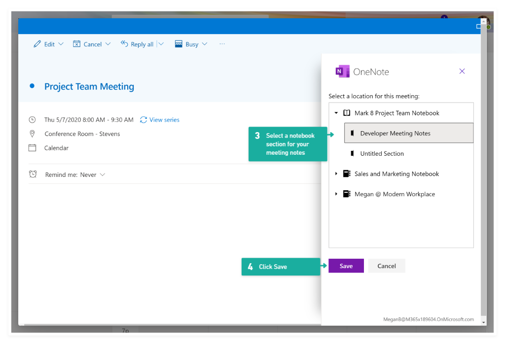 Screenshot of the OneNote add-on for Outlook on the Web