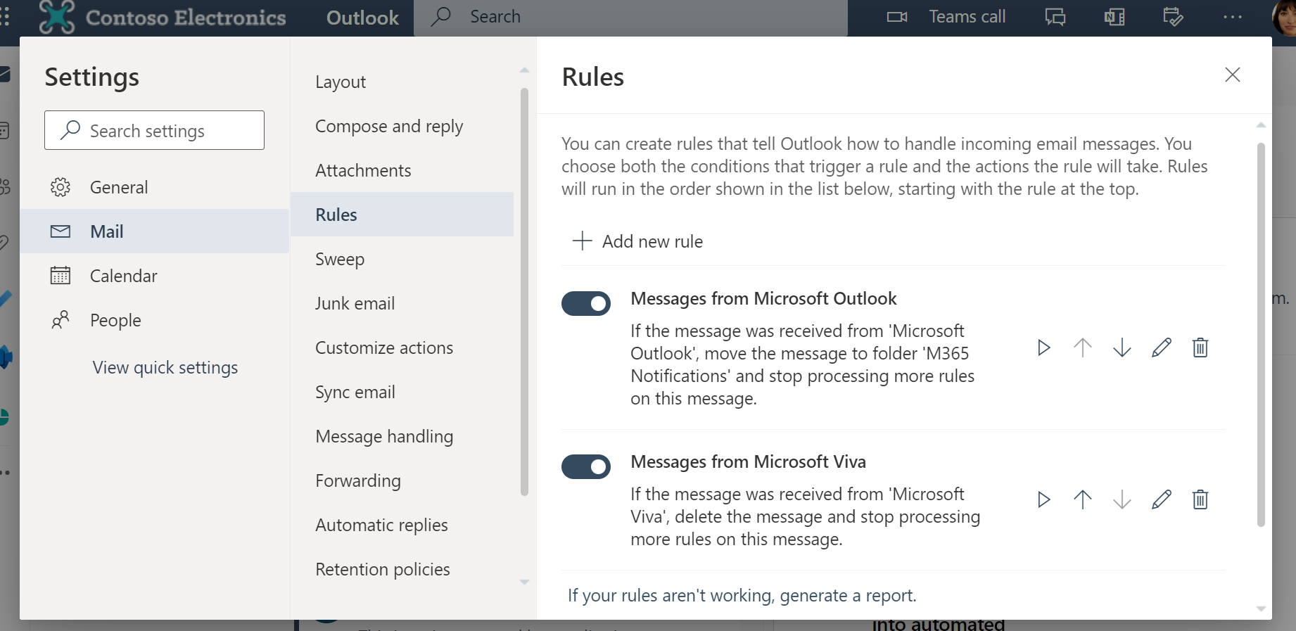 View and manage rules in Outlook settings