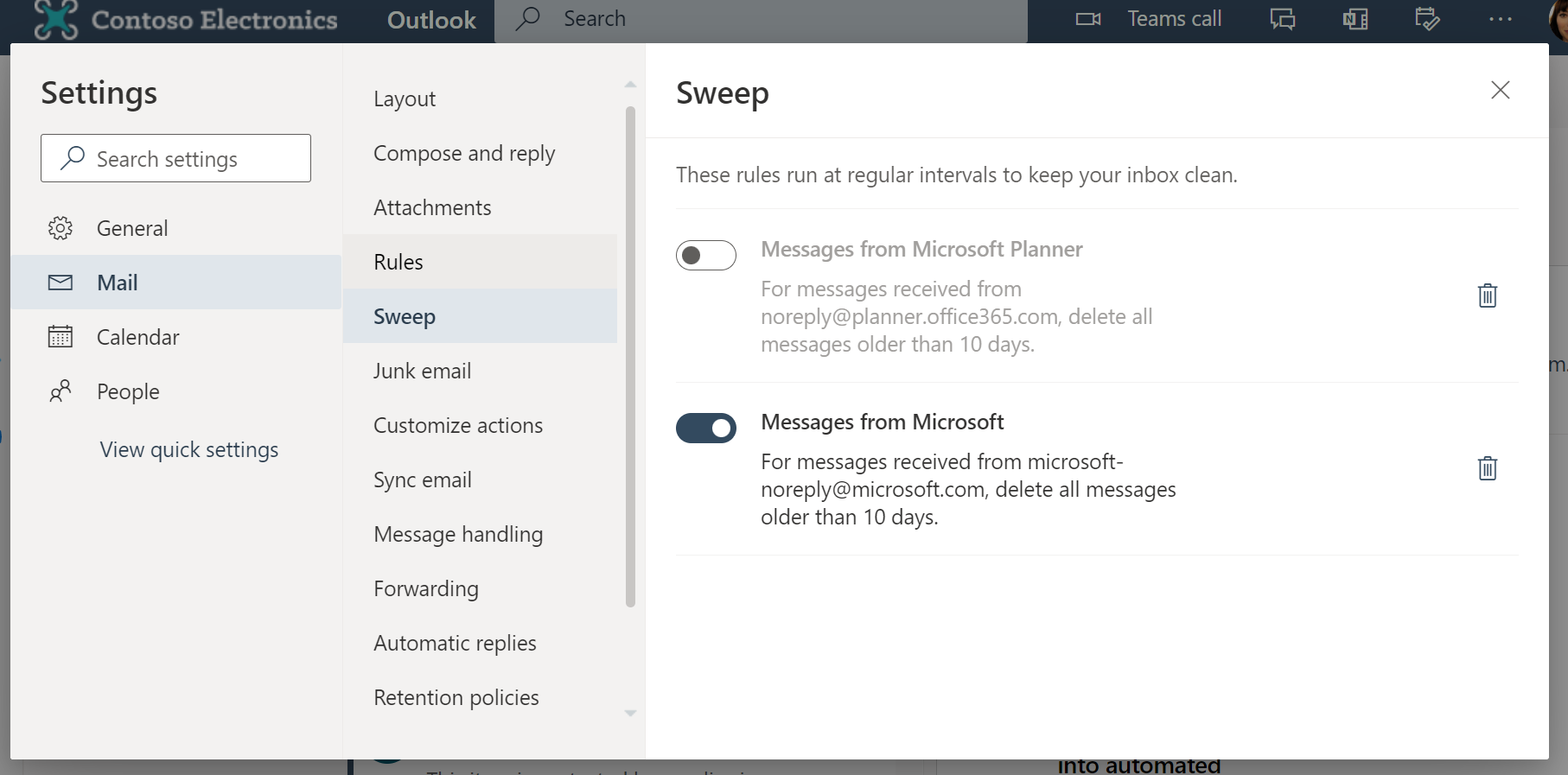 View and manage special Sweep rules in Outlook settings