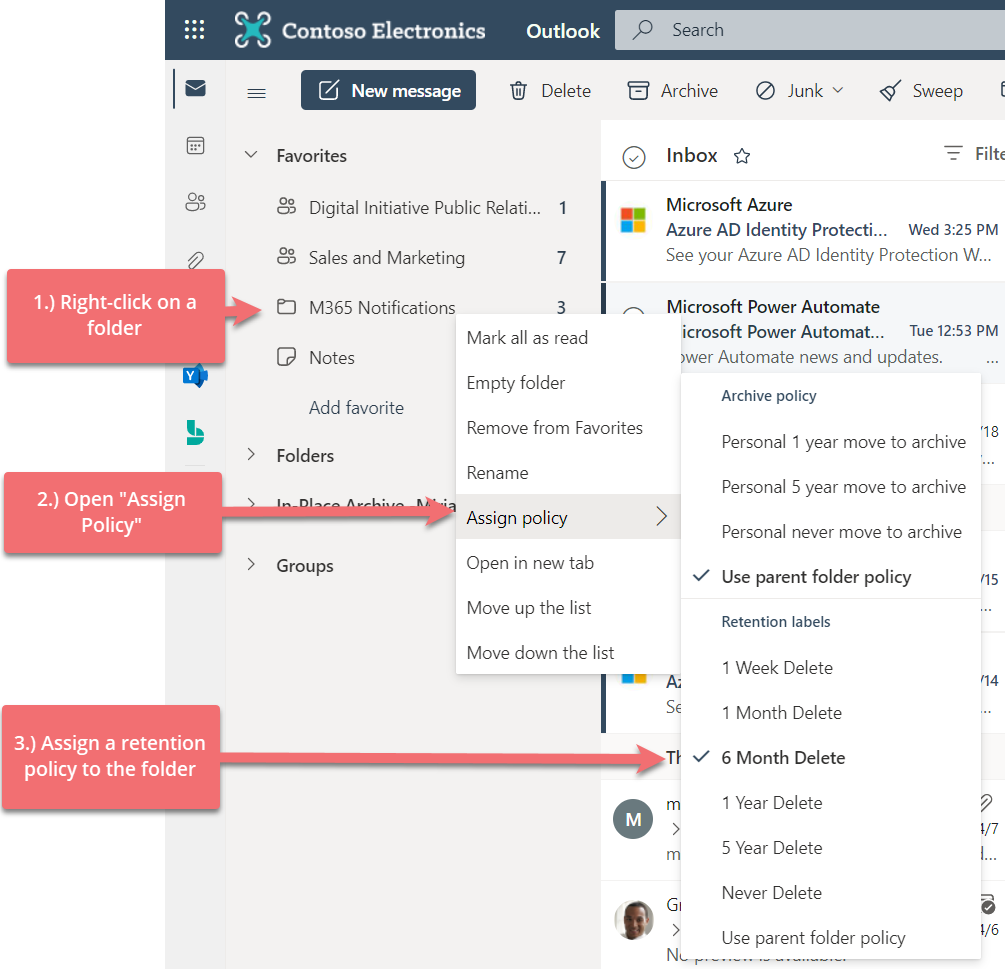 Apply retention policies to folders in Outlook on the Web