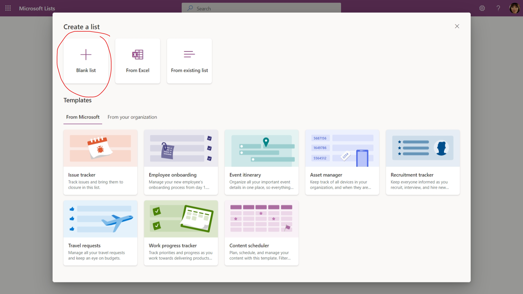 screenshot showing how to create a blank list in Microsoft Lists