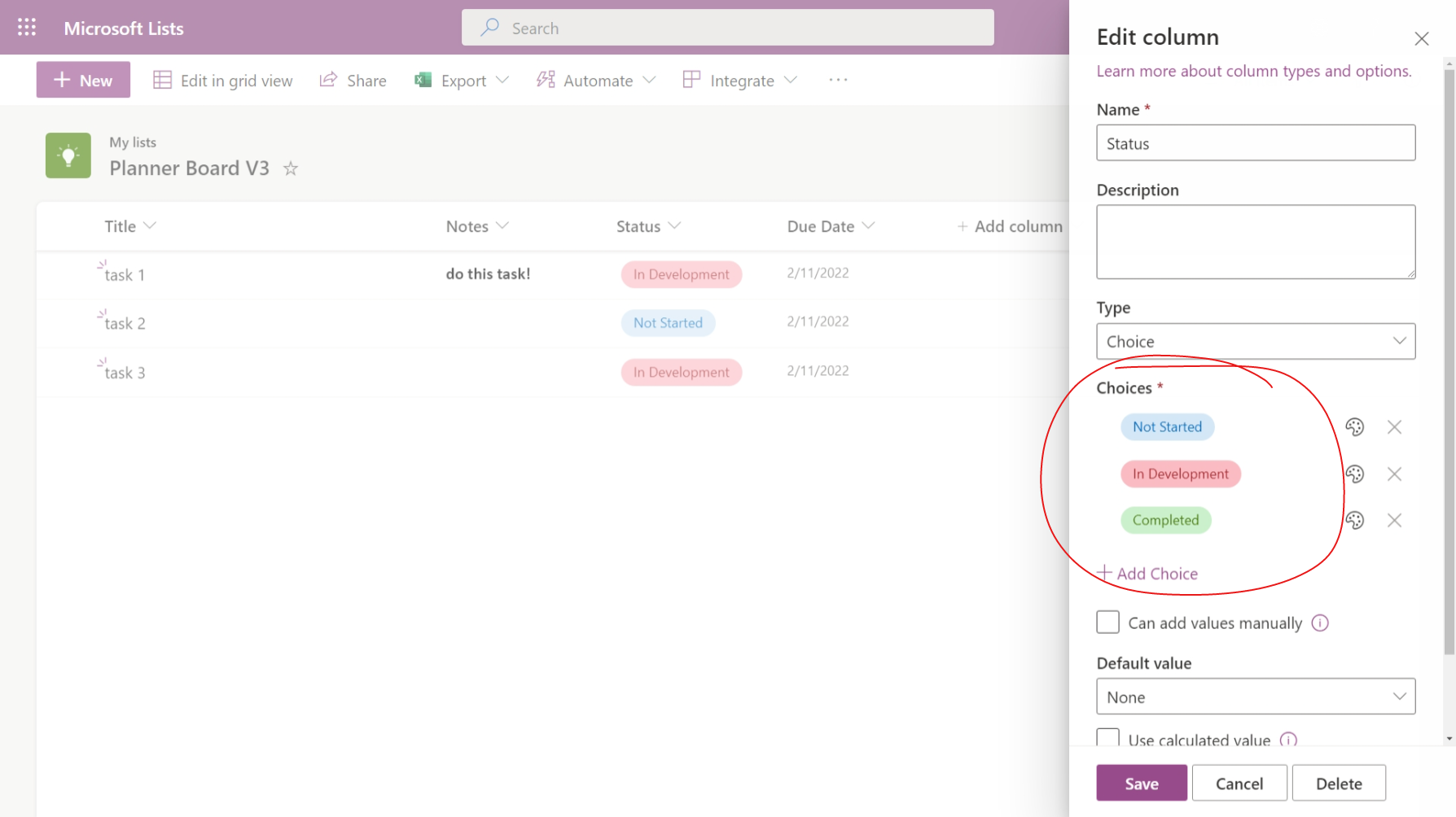 screenshot showing how to edit the values of a CHOICE column in Microsoft Lists