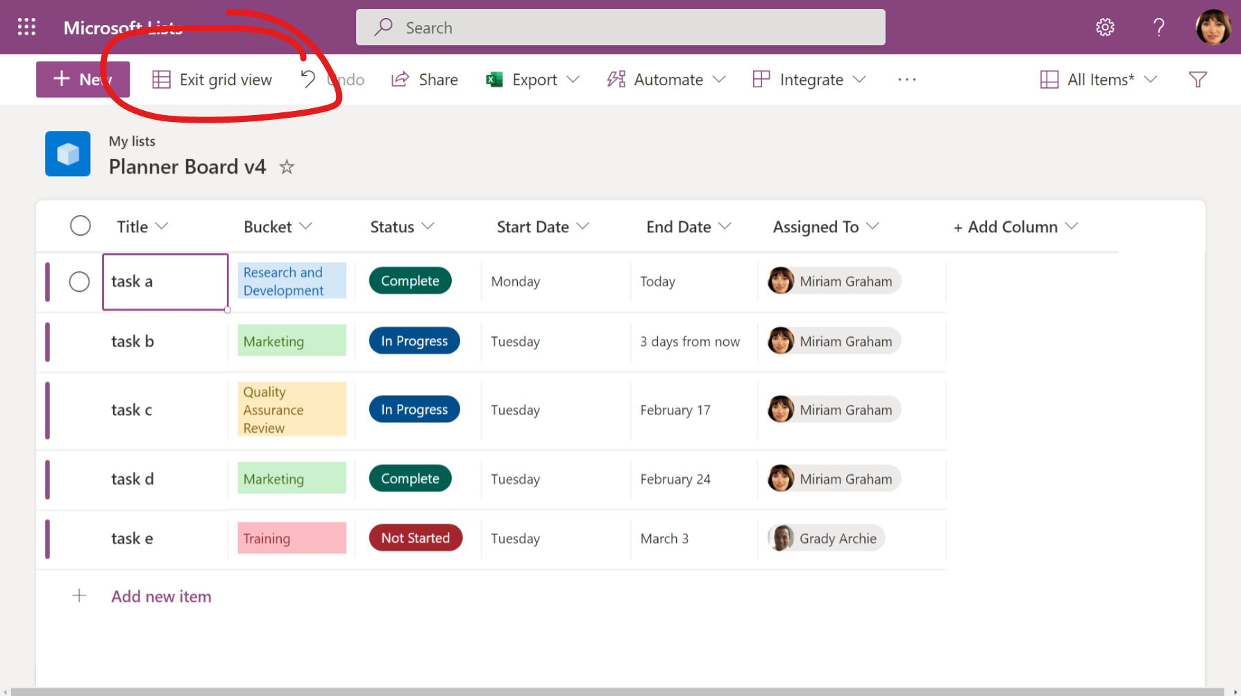 Screenshot showing how to toggle "Edit in grid view" on and off in Microsoft Lists