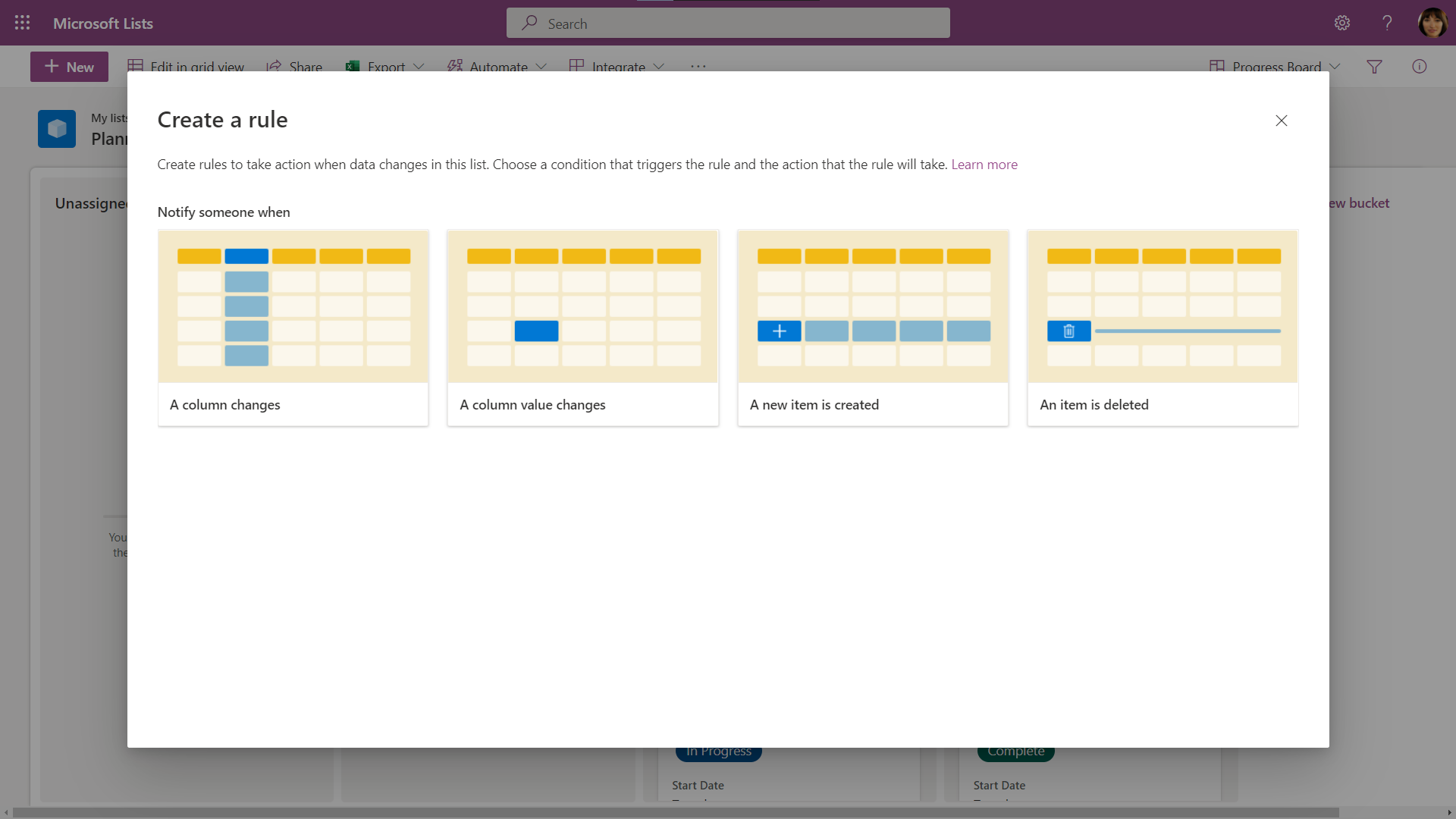 Screenshot of the "Create a rule" window in Microsoft Lists