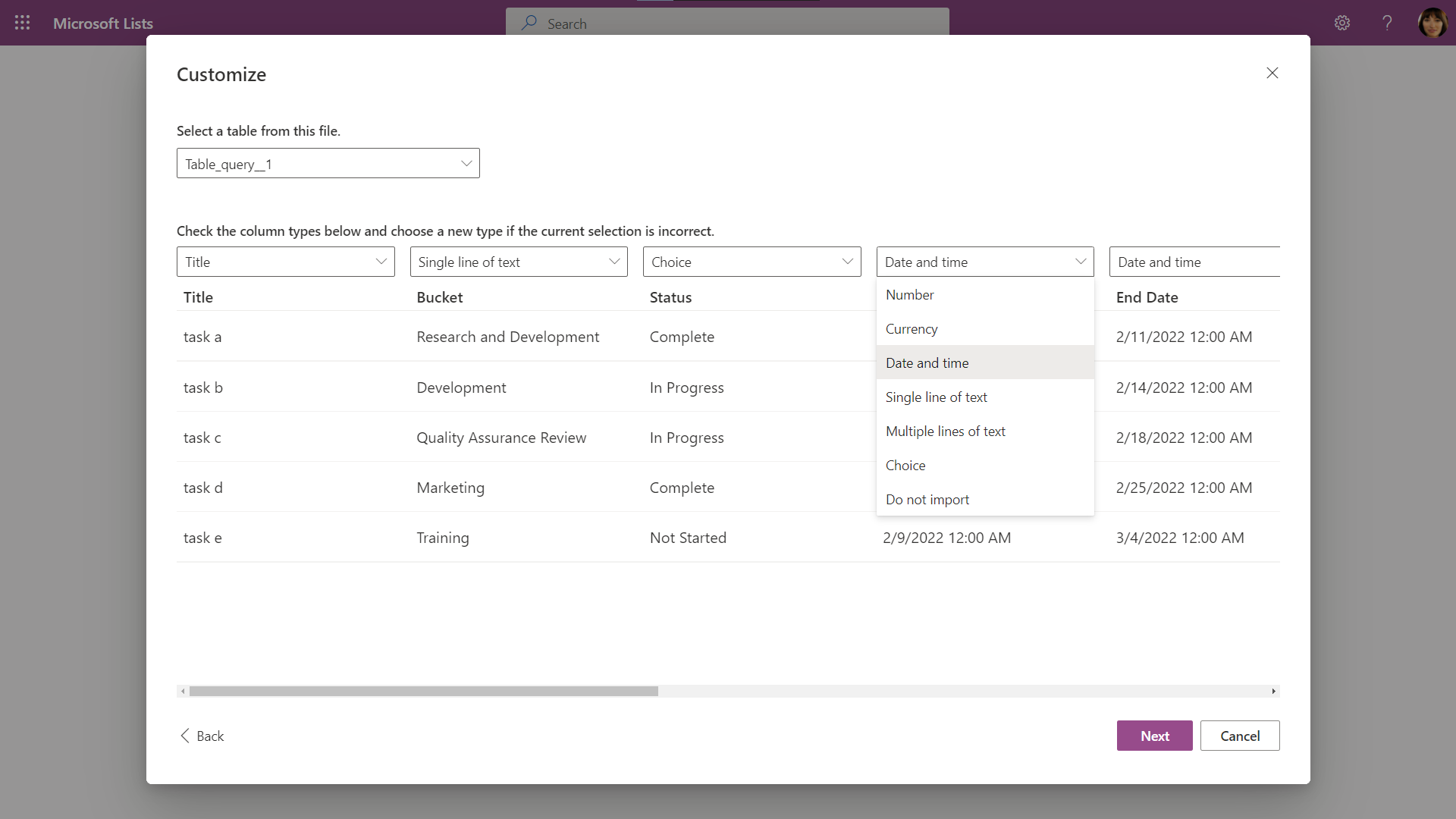 screenshot of table fields being modified when importing an Excel workbook into Microsoft Lists